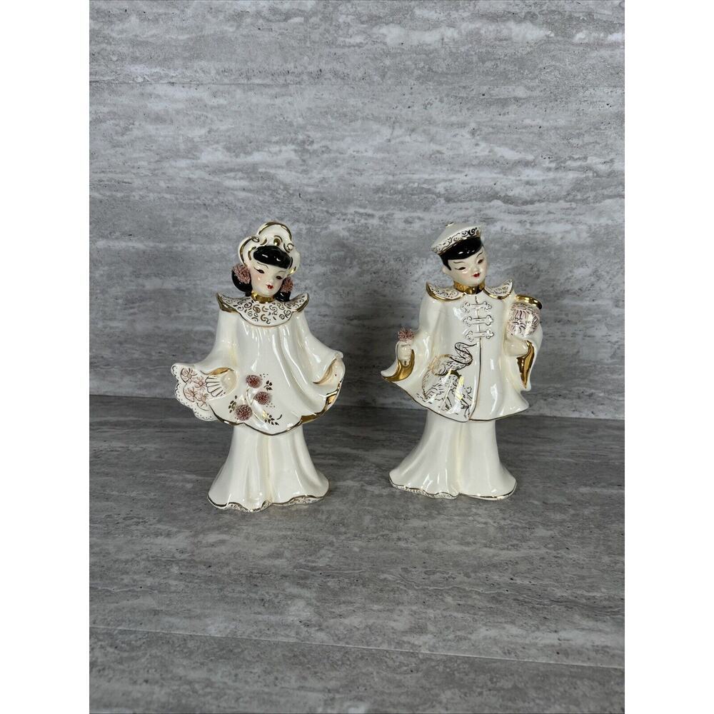 Florence Ceramics 1950's Asian Couple Blossom Girl & Lantern Boy‎ 8 1/2"